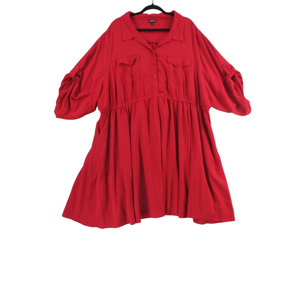 Torrid Red Button Front Shirt Dress Roll Tab Sleeve Plus Size 5 5X 116032-15509